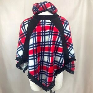 Vintage 60s Fuzzy Plaid Poncho & Beret Fringe Red Blue Thrashed Harajuku Lolita